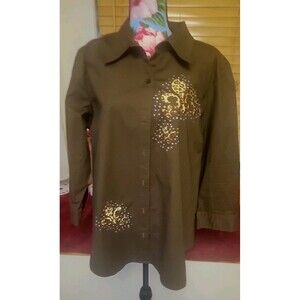 Sassy Noiz Women's Brown Long Sleeve Studded Rhinestone Leopard Fleur 1X Button
